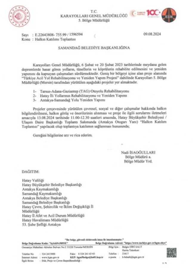 Karayolları Genel Müdürlüğü'nden Halkın Katılımı Toplantısına Davet.