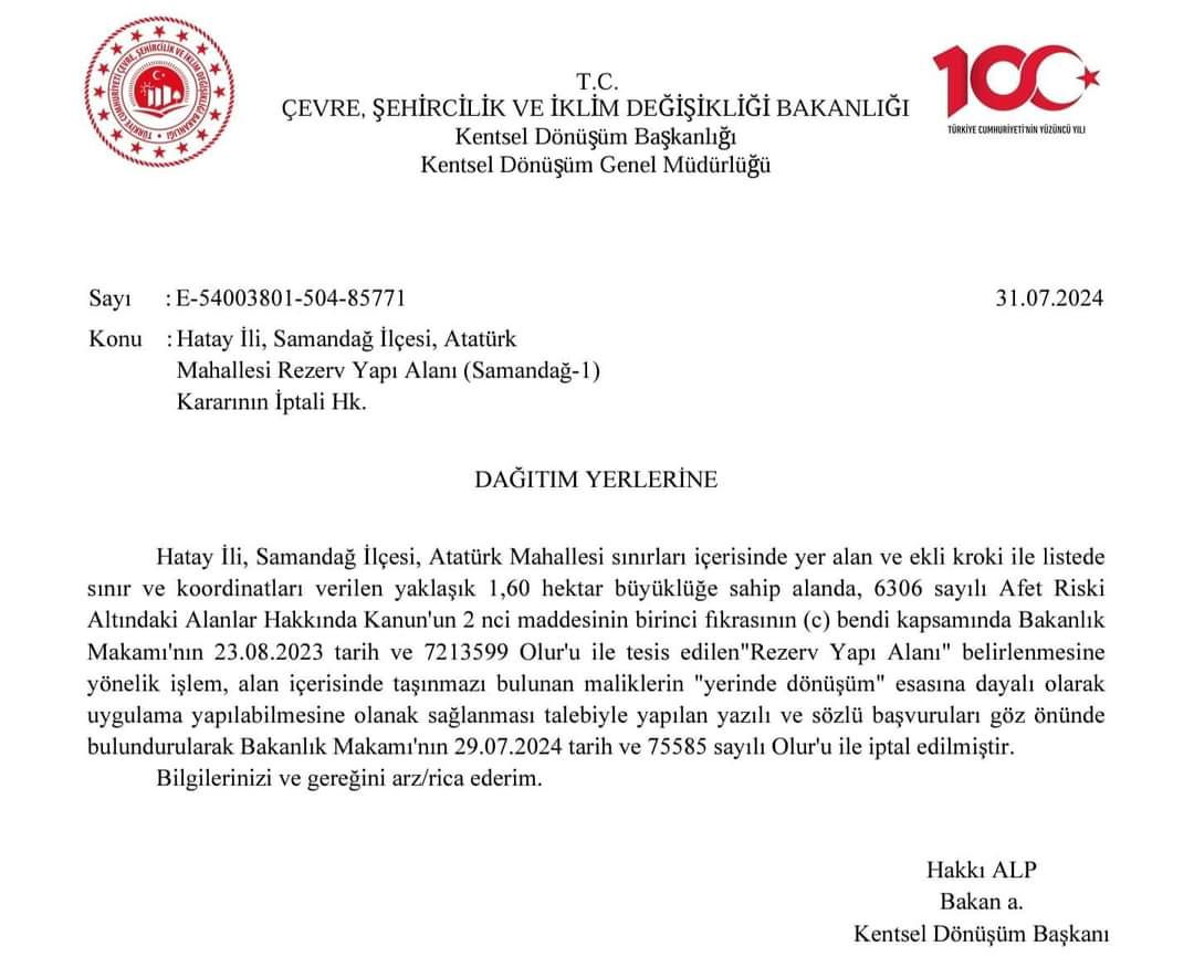SAMANDAĞ' DA REZERV ALANIN KALKTIĞI RESMİ YAZIYLA KESİNLEŞTİ.